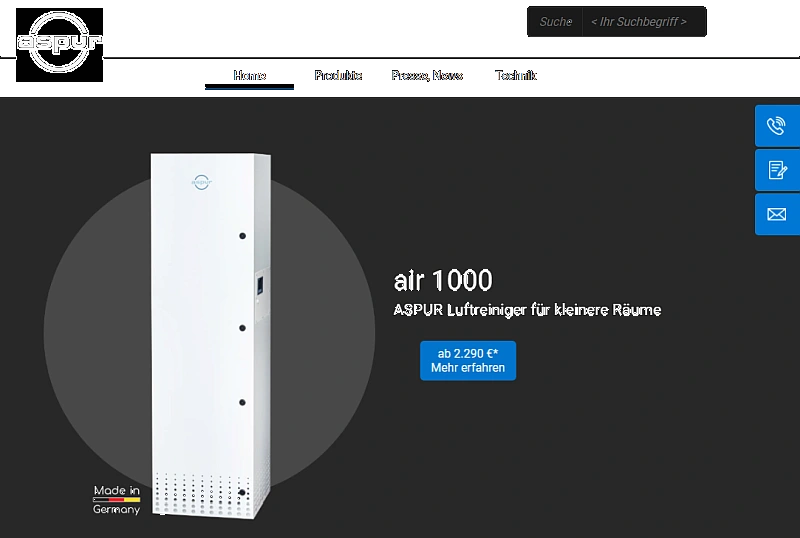 Relaunch Produkt-Website 'Luftreiniger' für aspur air solutions erfolgreich abgeschlossen.